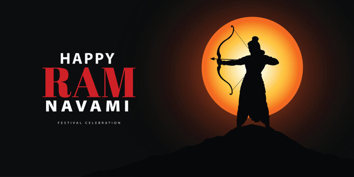 Ram Navami Celebration: A silhouette of a Rama figure, bow and arrow in hand, stands before a radiant sun, the words Happy RamNavami religious festival Banner, poster, post.