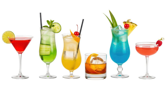 Row of diverse colorful cocktails with fruit garnishes on white