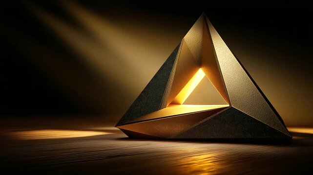 Mysterious triangle object illuminated in darkness showcasing unique forms and shapes in abstract visual design, geometric shadow play, with copy space
