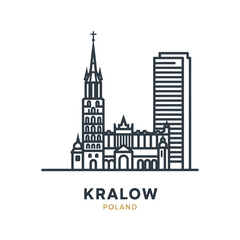 Obraz premium Kralow Poland City Skyline Illustration with Historic and Modern Architecture