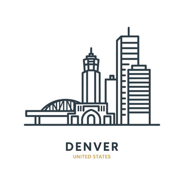 Stylized Line Art of Denver Skyline with Iconic Buildings