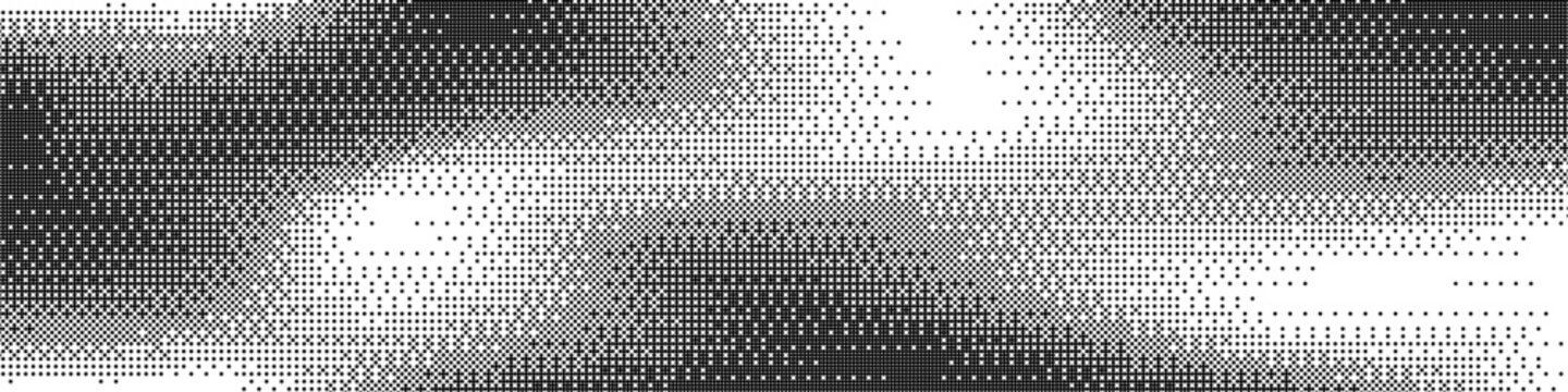 Halftone gradient dither background. Black and white dotted pattern with geometric wave texture, light and shadow transition. Abstract minimal digital vector illustration.