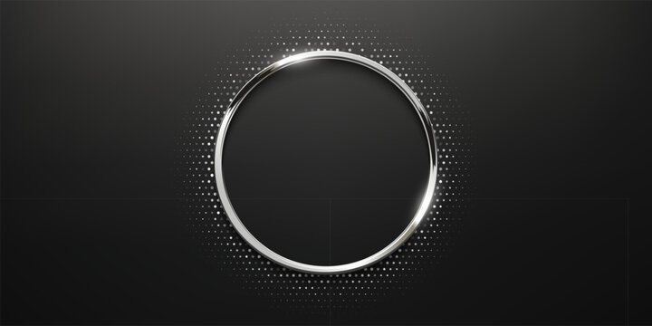 Silver circle frame with dotted halftone light effect. Circular glowing metallic ring, button, stamp, emblem, sticker, label. Modern luxury abstract vector illustration.