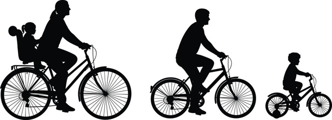 Black vector silhouette set of a family riding bicycles including a mother with a child seat a father and a young boy for recreation