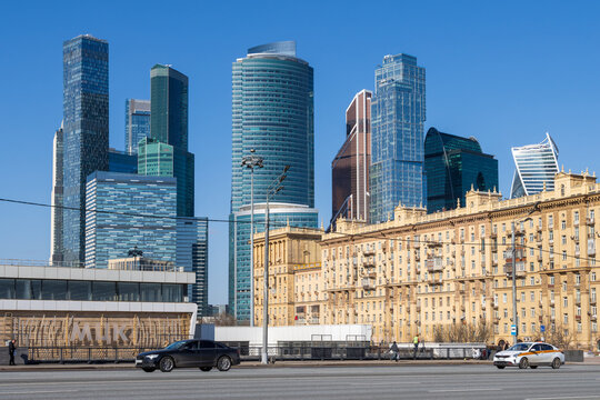 Moscow city, Russia. View from the street to the skyscrapers of the Moscow International Business Center. In the foreground is the abbreviation MCC (Moscow Central Circle) in Russian.