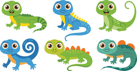 Naklejka premium Colorful cartoon lizards vector illustration set with cute and playful characters for kids’ learning materials