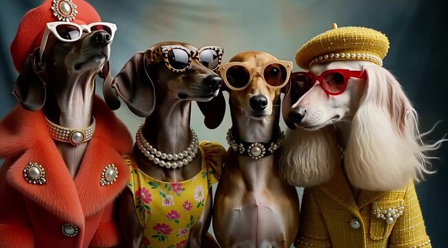 Fashionable dogs in stylish outfits and accessories pose together indoors.