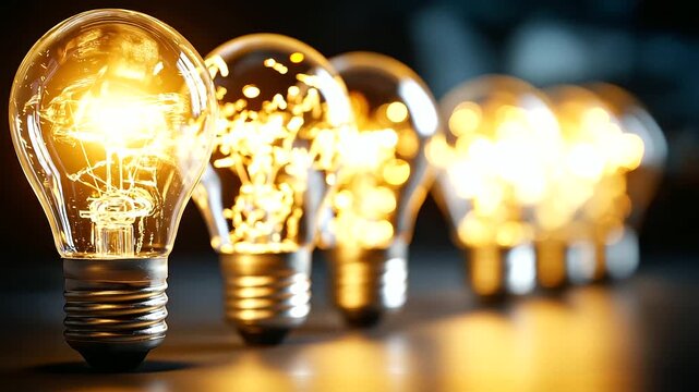 Row of light bulbs depicting corporate innovation cycle roadmap concept with symbolic representation of ideas, sequential illumination, with copy space