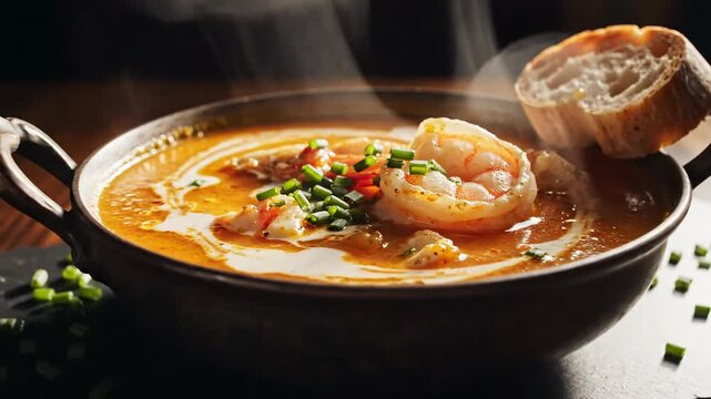Steaming bowl of rich seafood bisque with shrimp and crusty bread, garnished with chives