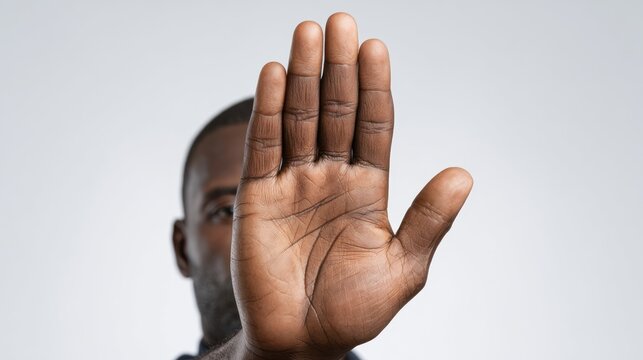 Person with hand up in a stop gesture.