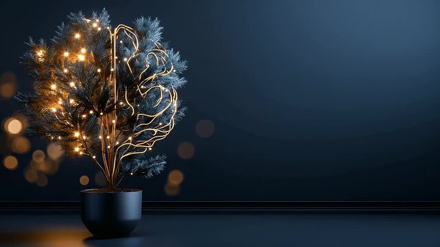 Illuminated tree with light trail resembling brain symbolizing innovative thought in corporate development strategies, neural arborescence, with copy space