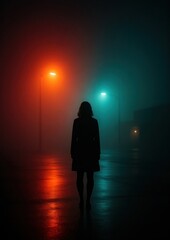 Naklejka premium Mysterious silhouette in foggy street.