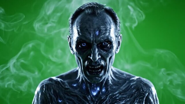 Terrifying undead creature with glowing eyes and dark skin, screaming in agony, eerie 3D digital art, against a misty green background, showcasing horror and supernatural theme