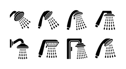 Shower Head Icons Set: Different Types of Shower Heads with Water Spray