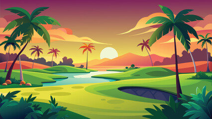 Obraz premium A vibrant cartoon illustration depicts a tropical landscape with palm trees and a sunset high quality
