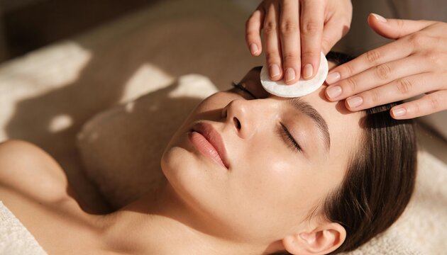 Woman receiving facial treatment with cotton pad at a spa salon. Skincare and beauty procedure for health and wellness concept.