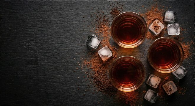 Amber Spirits Three Glasses With Ice Cubes And Cocoa Powder On Dark Slate Background Sophisticated Beverage Photography Appetizer Drinks Refreshments