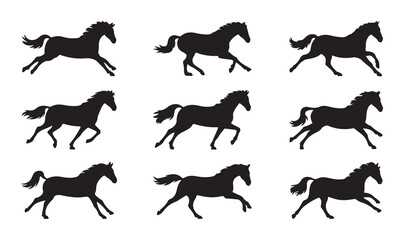 Galloping horse silhouettes collection showing fast wild mustang animals in dynamic running sequence poses © Farik