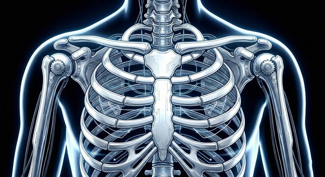 Anatomical Human Skeleton Torso and Shoulder Detailed X Ray Style Illustration for Medical Science and Healthcare Education Background