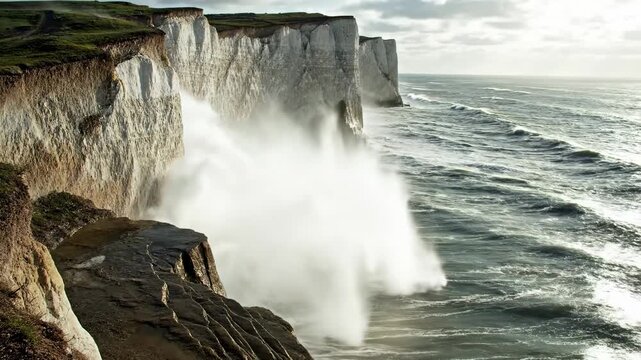 Waves crashing against white chalk cliffs along the coastline, showcasing the dynamic interaction between ocean and land in a dramatic natural landscape