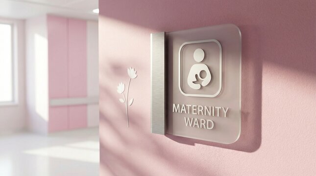 Maternity Ward Signage Depicting Mother and Child, Pink Interior with Soft Lighting