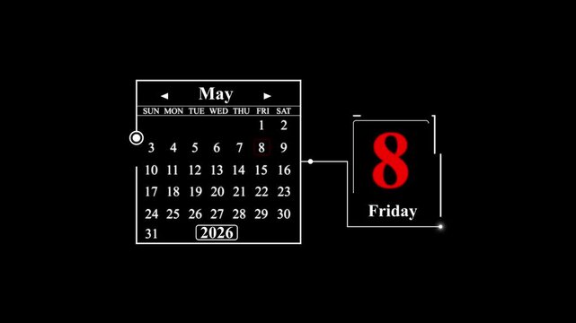 May 8 2026 Friday Calendar Display date. A very important date in the calendar. Signing a day on a calendar.