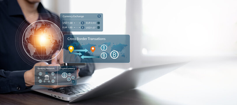 Fintech platform enabling cryptocurrency transactions, currency exchange and cross border digital payments through secure global banking infrastructure.