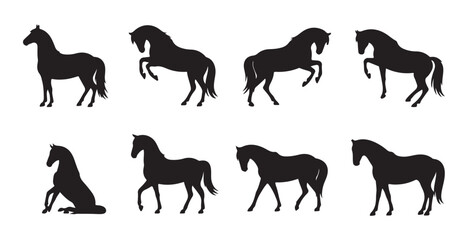 Set of eight black horse silhouettes depicting various active and resting poses on white background © Farik