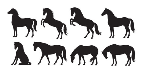 Set of eight black horse silhouettes showcasing different elegant poses including standing, rearing, and walking © Farik