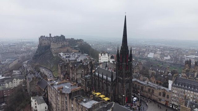 Aerial View Drone shot of Royal Mile, Edinburgh Castle, Old Town, Scott Monument, Edinburgh,  Scotland, United Kingdom