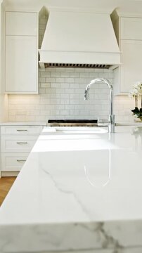 Modern kitchen interior featuring sleek white cabinetry, marble countertop, and stainless steel appliances with a stylish range hood and elegant backsplash design