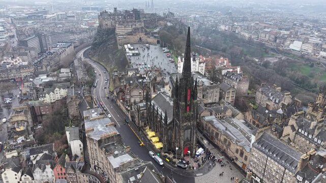 Aerial View Drone shot of Royal Mile, Edinburgh Castle, Old Town, Scott Monument, Edinburgh,  Scotland, United Kingdom