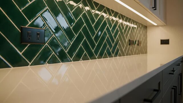 Modern kitchen countertop with glossy white surface and green herringbone tile backsplash, showcasing electrical outlets and cabinetry in a well-lit interior space