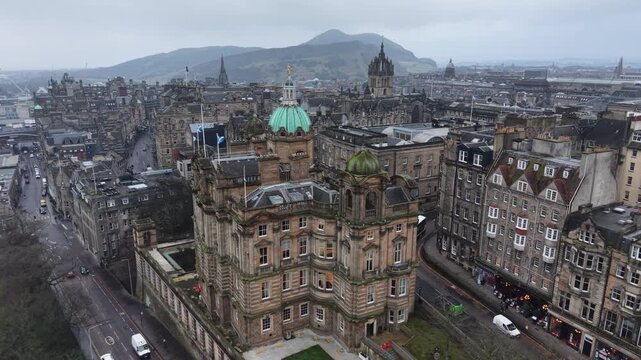 Aerial View Drone shot of Royal Mile, Edinburgh Castle, Old Town, Scott Monument, Edinburgh,  Scotland, United Kingdom