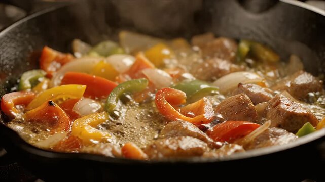 Colorful Bell Peppers and Meat Sizzling in Cast Iron Skillet with Steam Rising Warm Lighting Close Up Shot