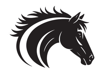 Stallion head silhouette profile with flowing mane detail for equestrian sports and horse breeding labels © Farik