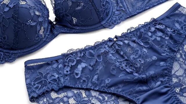 A beautiful navy blue lace bra and matching panties are elegantly displayed against a clean white background. The intricate floral lace pattern adds a delicate and luxurious touch to the undergarments