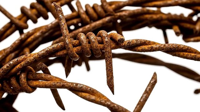 A captivating close-up of intricate, weathered barbed wire, heavily rusted and sharply pointed, slowly rotating against a pure white background. The detailed shot highlights the rough texture, vibrant