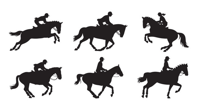 Collection of black horse and rider silhouettes in various show jumping and dressage poses vector set