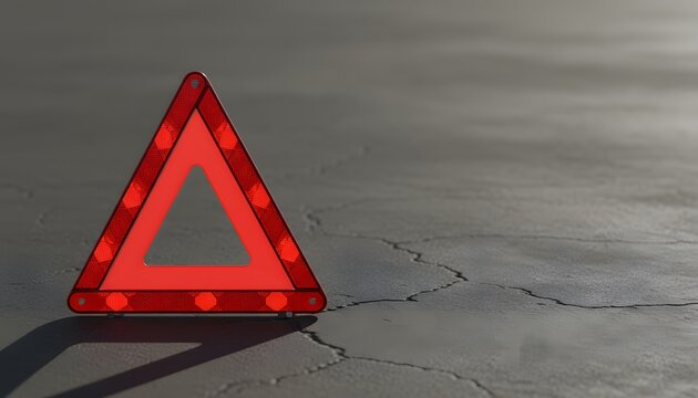 A reflective red warning triangle resting on cracked asphalt, symbolizing a critical emergency and warning concept for deprem earthquake disaster