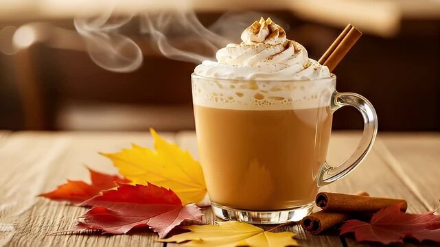 A captivating close-up presents a warm, steaming beverage, elegantly served in a clear glass mug on a rustic wooden table. The drink is generously crowned with fluffy whipped cream and a decorative ci