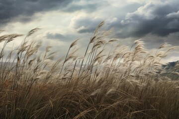 Pampas grass swaying in the wind under a dramatic, overcast sky