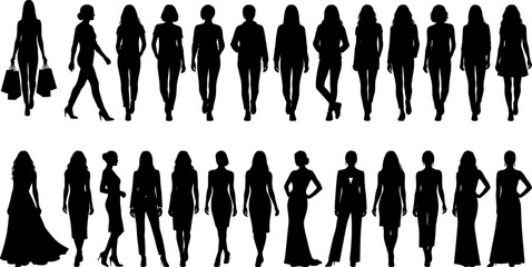Women silhouettes collection, walking female figures, fashion models poses, black vector illustration isolated on white background set