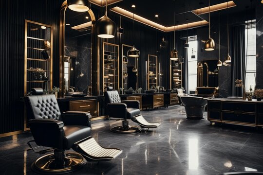 Empty luxurious barber shop with several styling stations, comfortable leather chairs, and elegant lighting