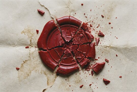 Macro photography of violently smashed red wax seal on blank parchment showing broken contract and security breach