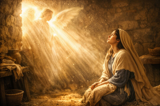 Feast of the Annunciation Mary of Nazareth kneeling before Archangel Gabriel divine light incarnation March 25 Luke 1:26-38 Virgin Mary Catholic Christian holiday sacred moment
