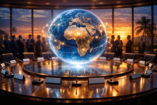 2026 World Trade Organization ministerial conference in Yaound&eacute; Cameroon holographic globe over round negotiation table symbolizing multilateral trade governance and economic diplomacy