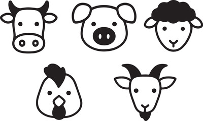 Obraz premium Farm animal heads icons: cow, pig, sheep, chicken, goat