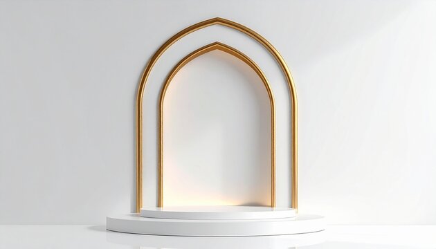 A minimalist white archway with gold frame on a circular white pedestal viewed from the front
