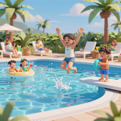 Obraz premium low poly, playful family enjoying summer fun in a crystal-clear pool under bright sunlight